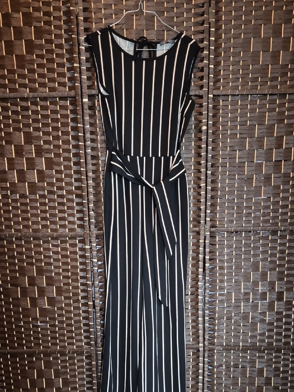 Suzy Shier Black Maxi Jumpsuit with White Stripes and Waist Tie